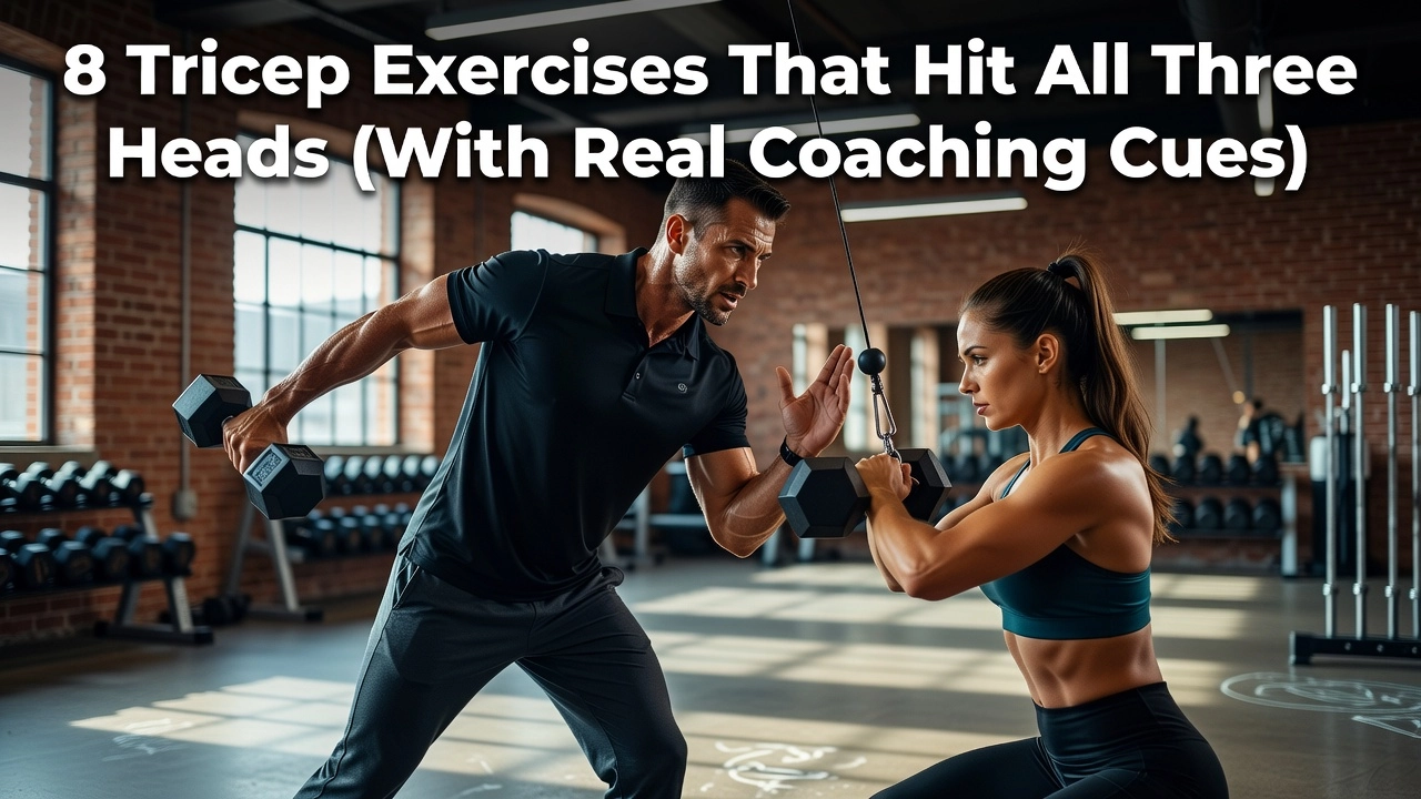 Professional header image for list-based article: 8 Tricep Exercises That Hit All Three Heads (With Real Co...