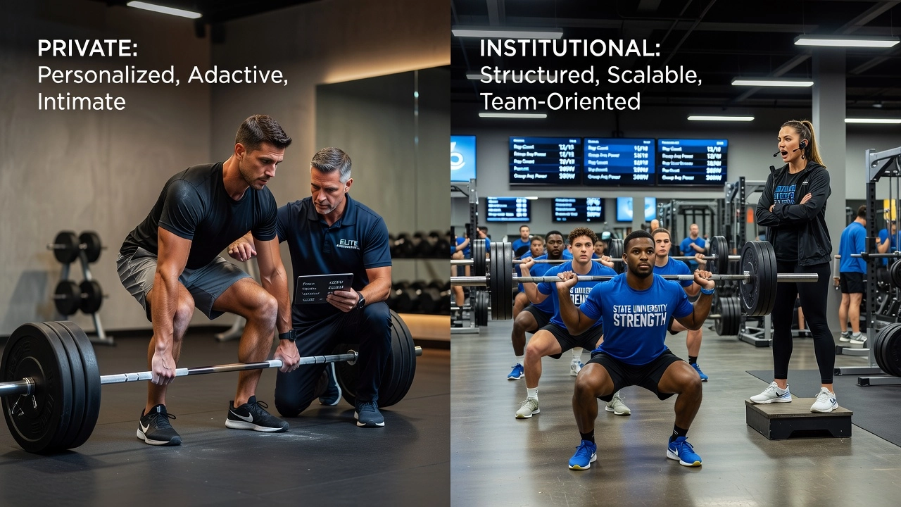 Professional header image for comparison analysis: Private vs. Institutional Strength and Conditioning Coach