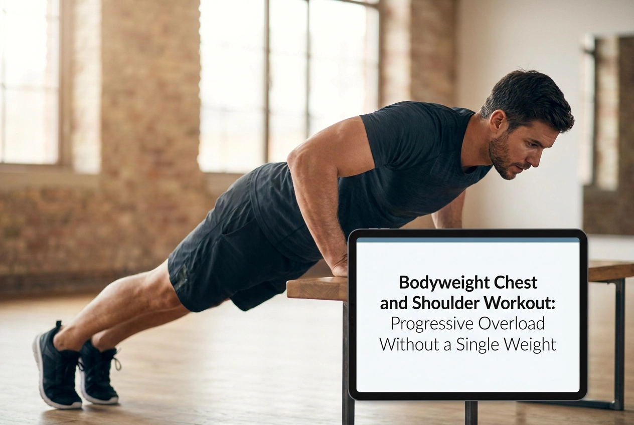 Professional header image for educational tutorial: Bodyweight Chest and Shoulder Workout: Progressive Overlo...