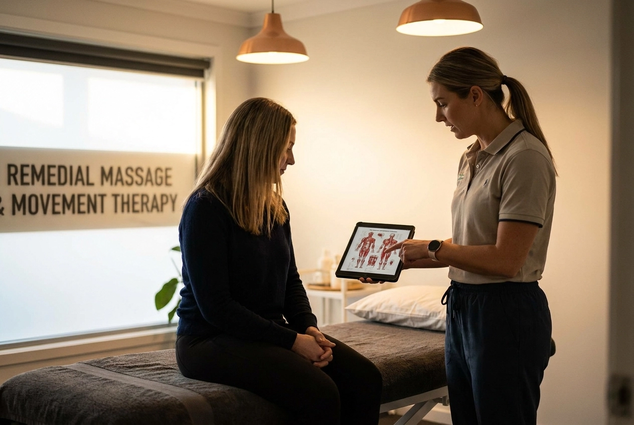 Professional header image for educational tutorial: Remedial Massage Meaning: What It Is and How It Works